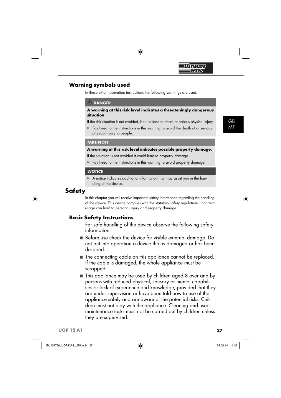 Safety, Warning symbols used, Gb mt | Ultimate Speed UOP 12 A1 User Manual | Page 30 / 52