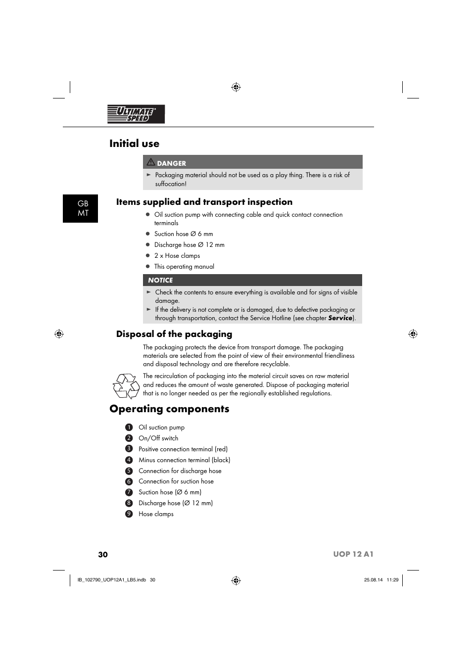 Initial use, Operating components, Items supplied and transport inspection | Disposal of the packaging, Gb mt | Ultimate Speed UOP 12 A1 User Manual | Page 33 / 52