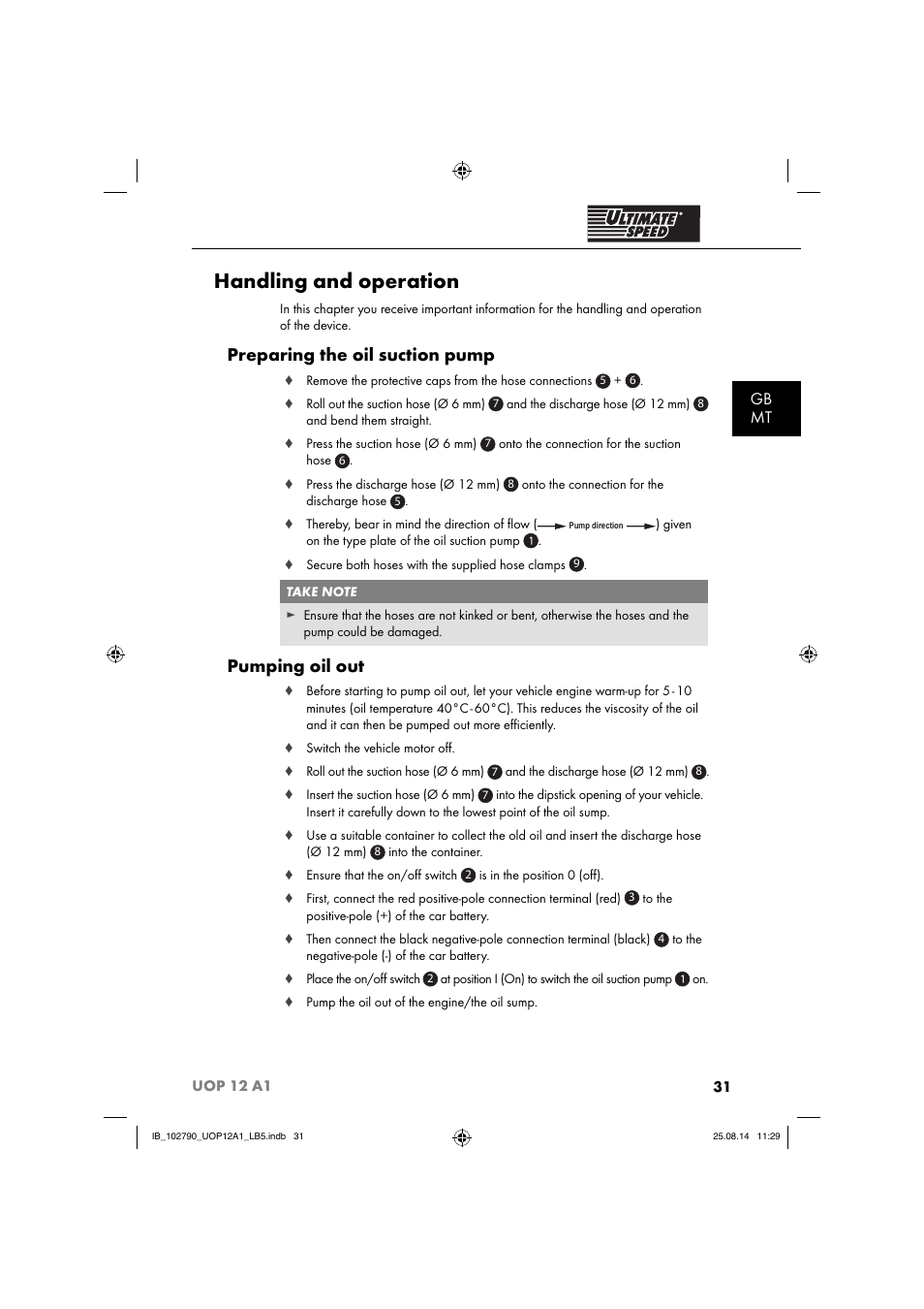 Handling and operation, Preparing the oil suction pump, Pumping oil out | Gb mt | Ultimate Speed UOP 12 A1 User Manual | Page 34 / 52