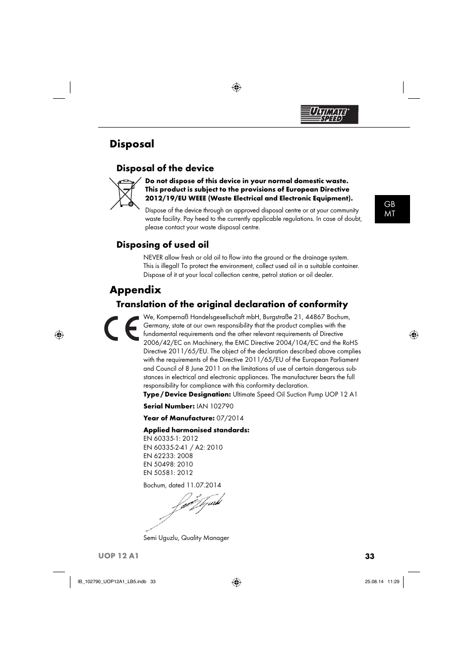 Disposal, Appendix, Disposal of the device | Disposing of used oil, Gb mt | Ultimate Speed UOP 12 A1 User Manual | Page 36 / 52