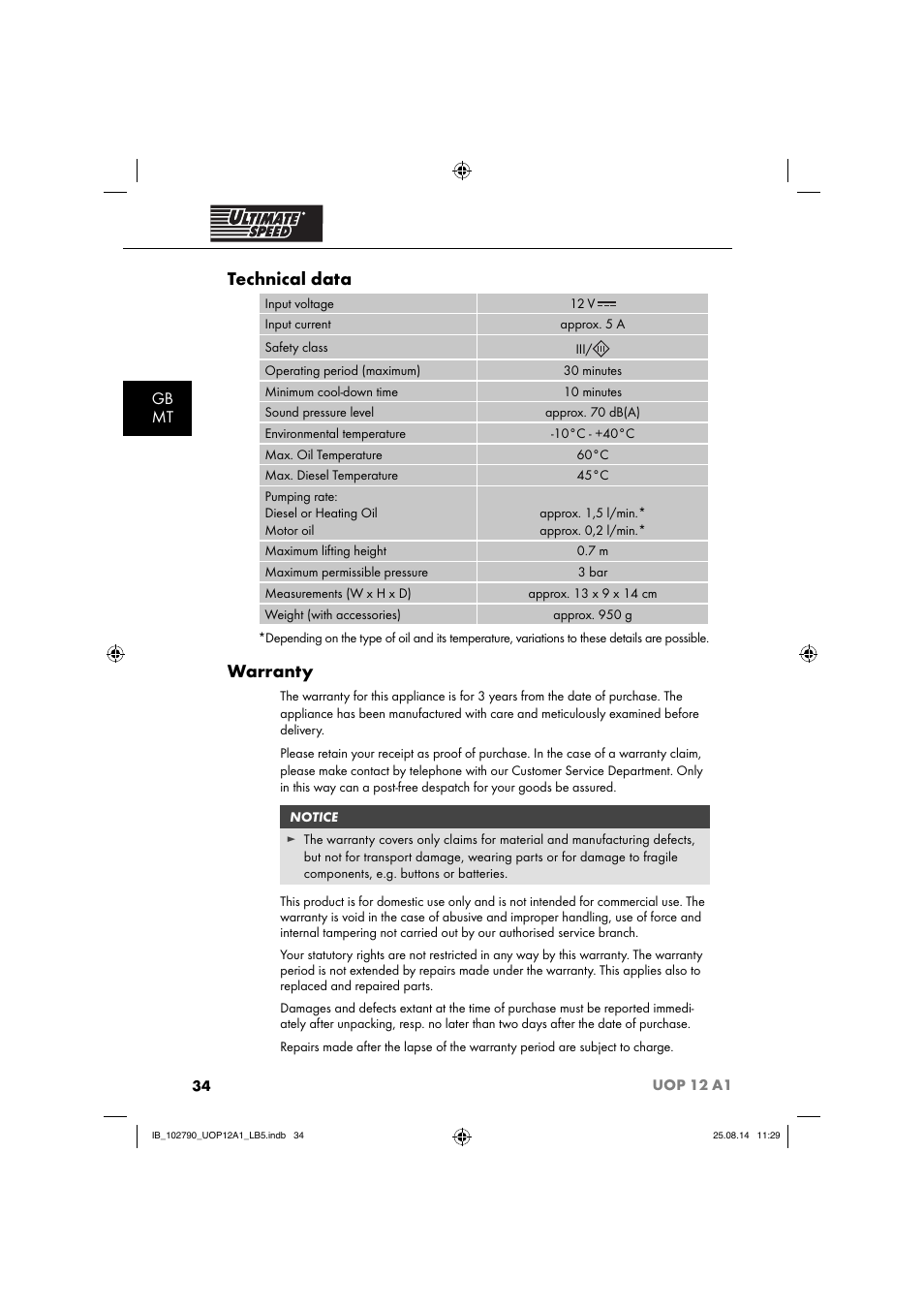 Technical data, Warranty, Gb mt | Ultimate Speed UOP 12 A1 User Manual | Page 37 / 52