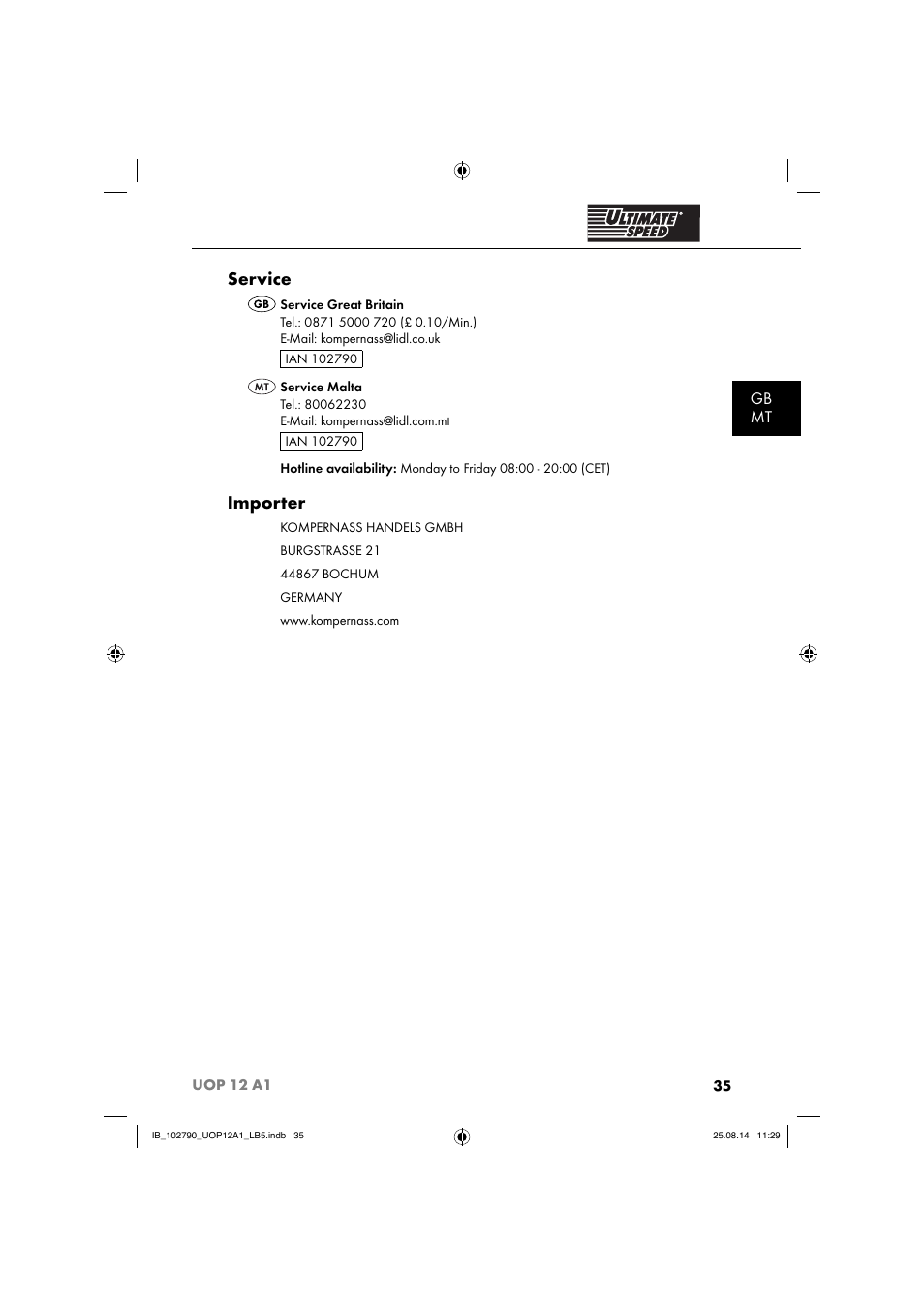 Service, Importer, Gb mt | Ultimate Speed UOP 12 A1 User Manual | Page 38 / 52
