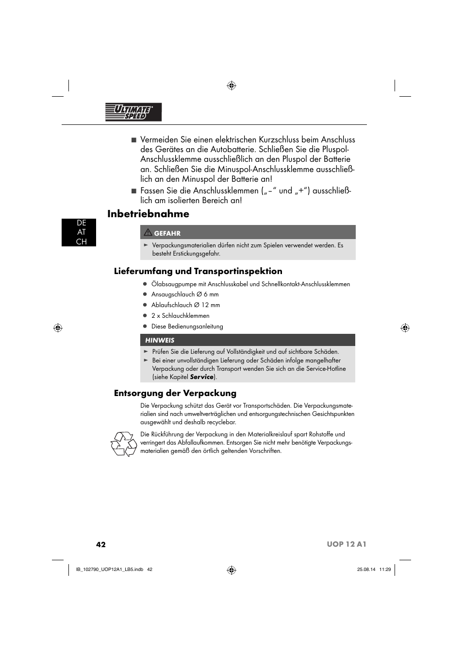 Inbetriebnahme, Lieferumfang und transportinspektion, Entsorgung der verpackung | De at ch | Ultimate Speed UOP 12 A1 User Manual | Page 45 / 52