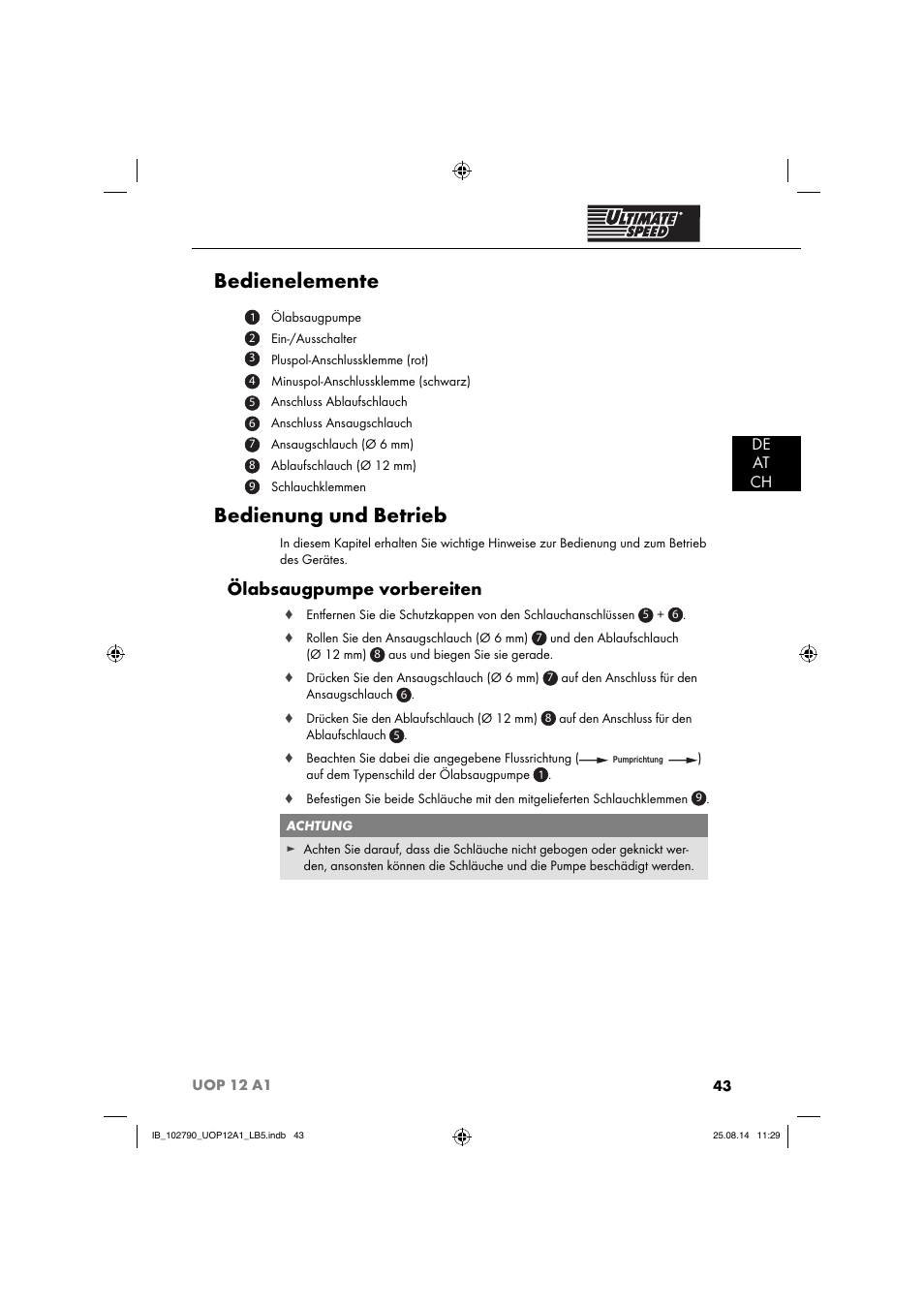 Bedienelemente, Bedienung und betrieb, Ölabsaugpumpe vorbereiten | De at ch | Ultimate Speed UOP 12 A1 User Manual | Page 46 / 52