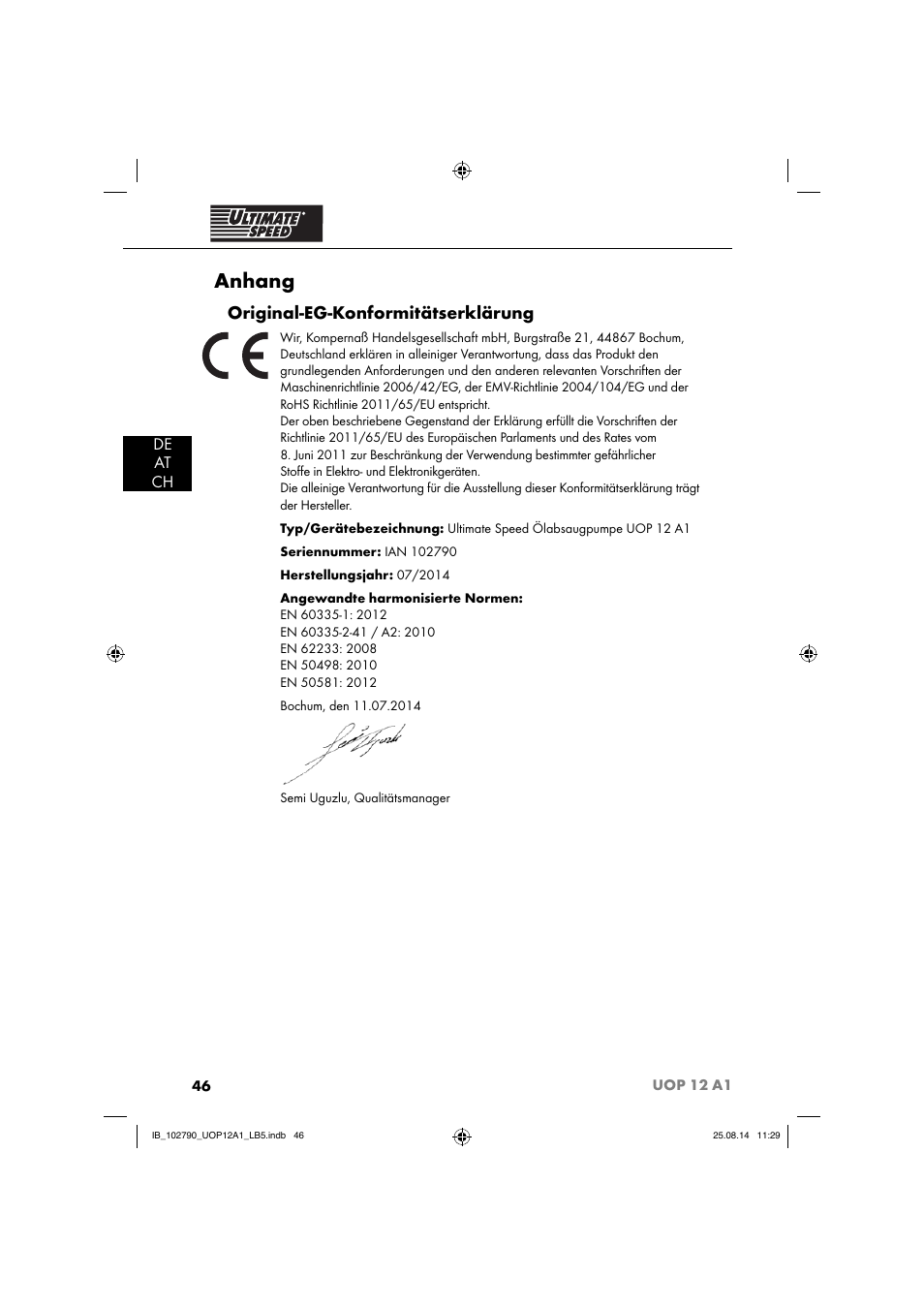 Anhang, Original-eg-konformitätserklärung, De at ch | Ultimate Speed UOP 12 A1 User Manual | Page 49 / 52