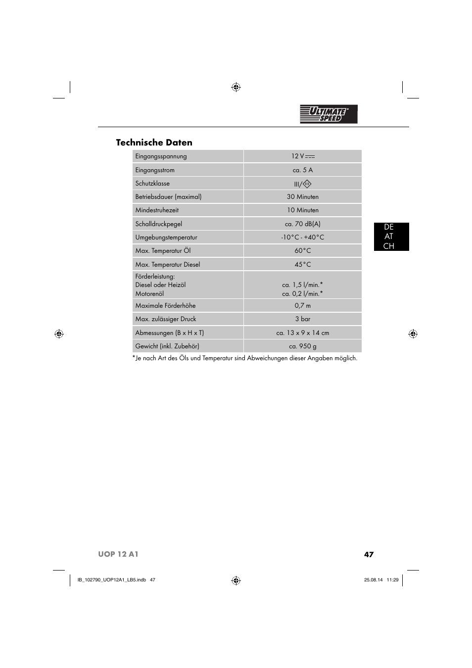 Technische daten, De at ch | Ultimate Speed UOP 12 A1 User Manual | Page 50 / 52