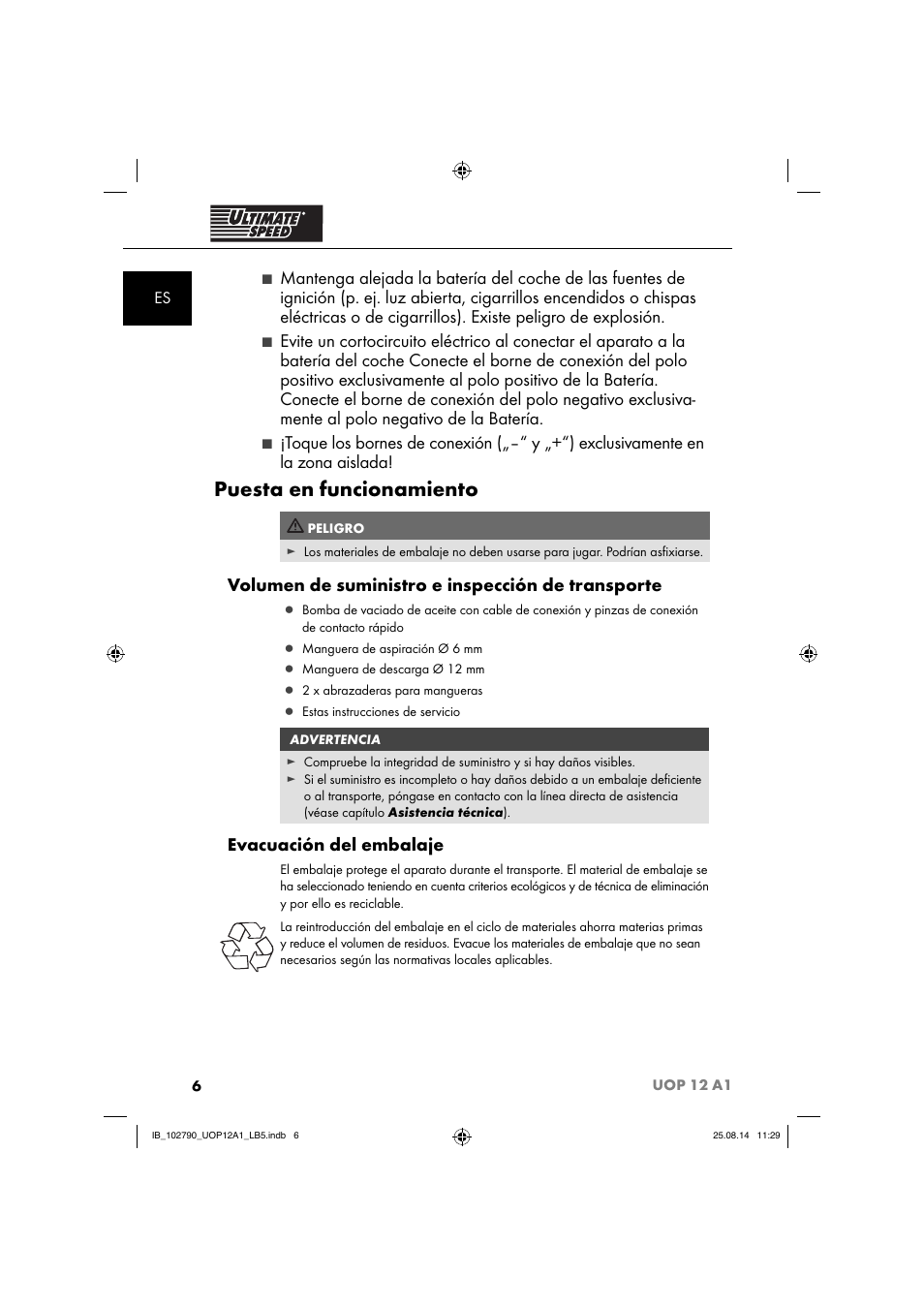 Puesta en funcionamiento, Volumen de suministro e inspección de transporte, Evacuación del embalaje | Ultimate Speed UOP 12 A1 User Manual | Page 9 / 52