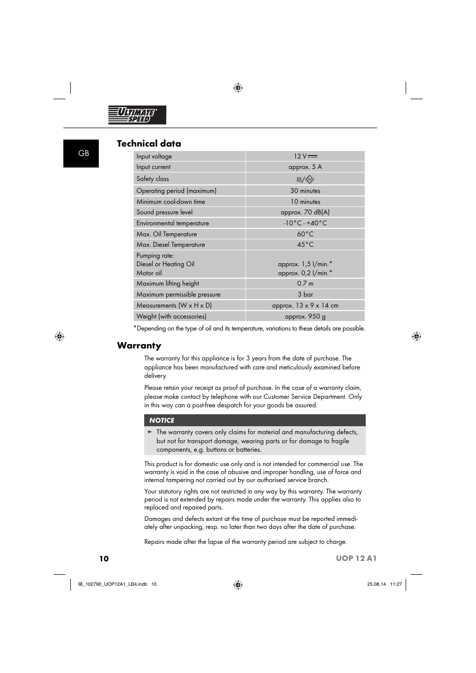 Technical data, Warranty | Ultimate Speed UOP 12 A1 User Manual | Page 13 / 88