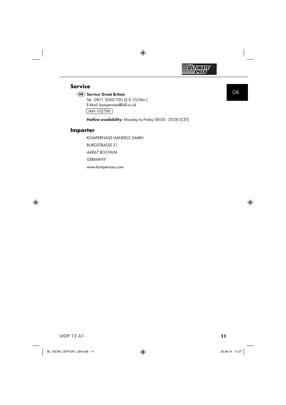 Service, Importer | Ultimate Speed UOP 12 A1 User Manual | Page 14 / 88