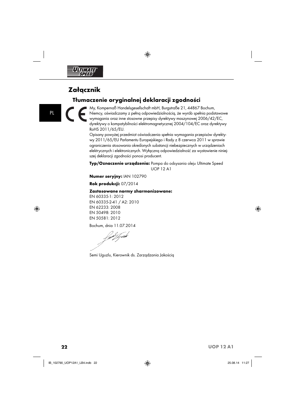 Załącznik, Tłumaczenie oryginalnej deklaracji zgodności | Ultimate Speed UOP 12 A1 User Manual | Page 25 / 88