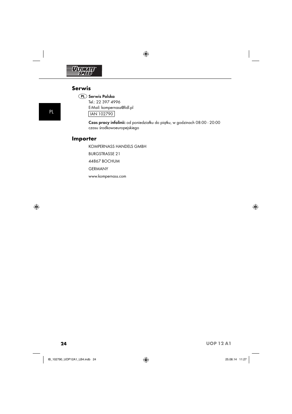 Serwis, Importer | Ultimate Speed UOP 12 A1 User Manual | Page 27 / 88