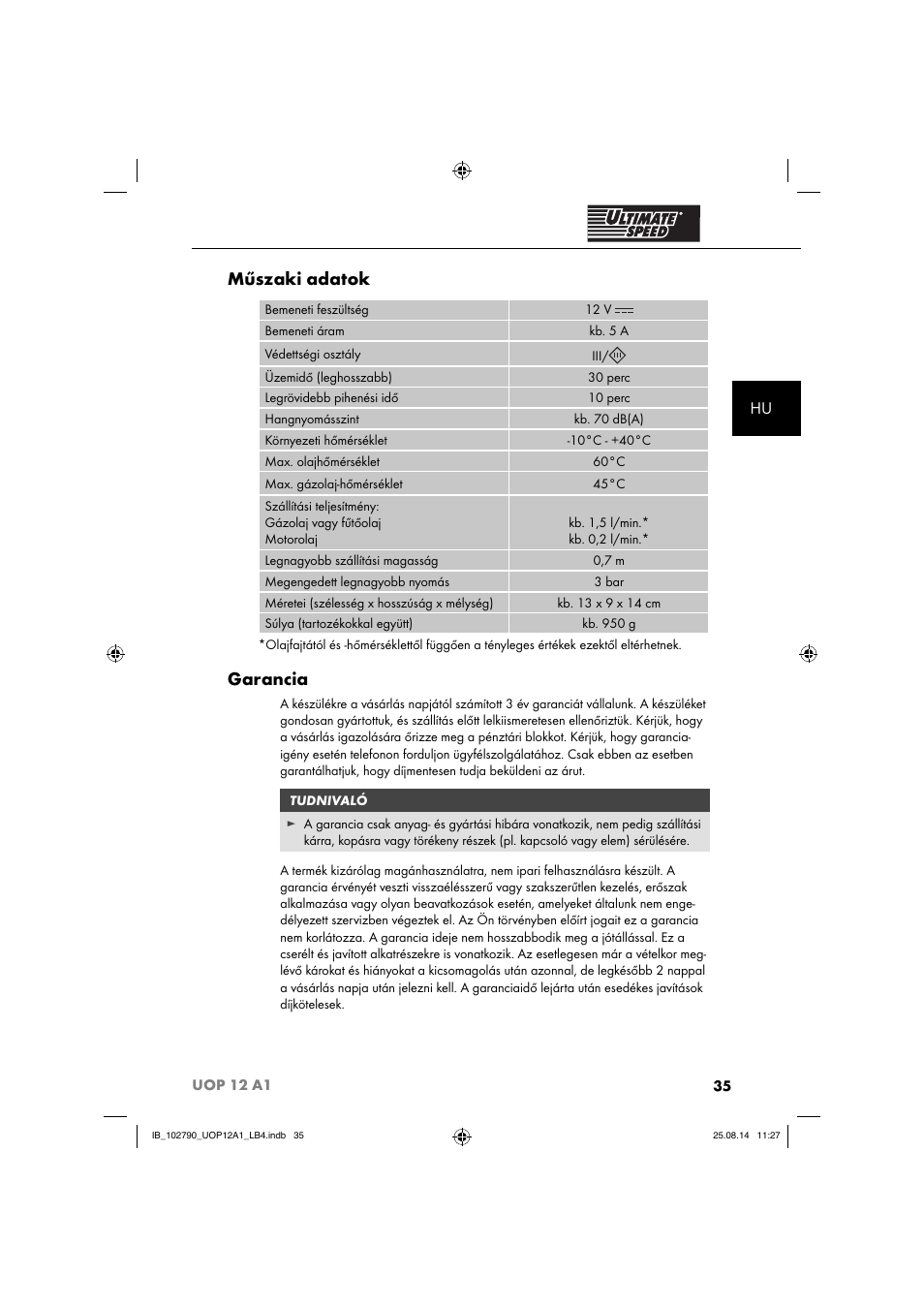 Műszaki adatok, Garancia | Ultimate Speed UOP 12 A1 User Manual | Page 38 / 88