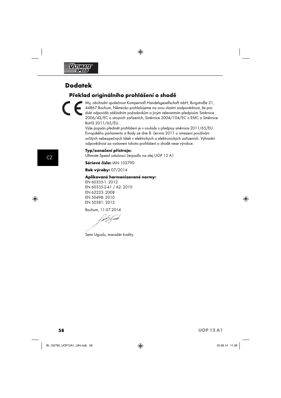 Dodatek, Překlad originálního prohlášení o shodě | Ultimate Speed UOP 12 A1 User Manual | Page 61 / 88