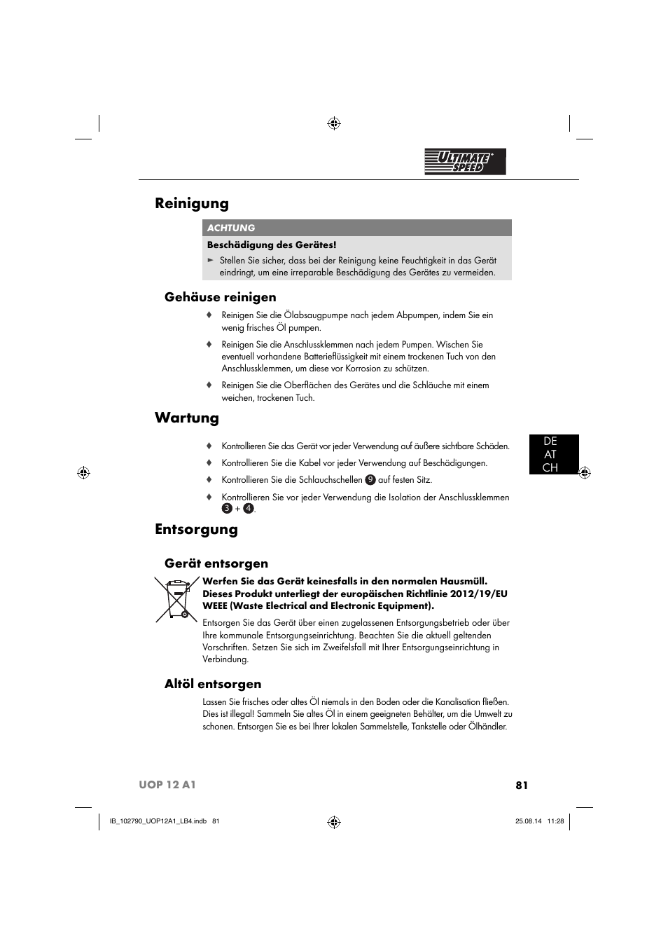 Reinigung, Wartung, Entsorgung | Gehäuse reinigen, Gerät entsorgen, Altöl entsorgen, De at ch | Ultimate Speed UOP 12 A1 User Manual | Page 84 / 88
