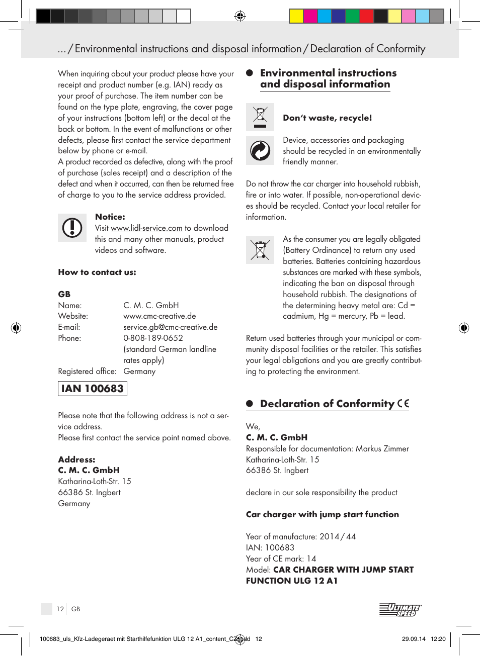 Declaration of conformity | Ultimate Speed ULG 12 A1 User Manual | Page 12 / 35