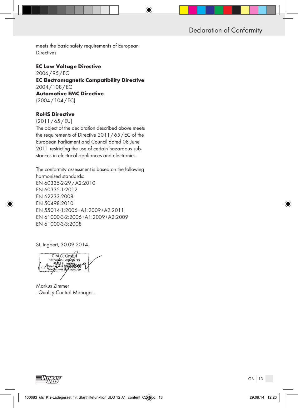Declaration of conformity | Ultimate Speed ULG 12 A1 User Manual | Page 13 / 35