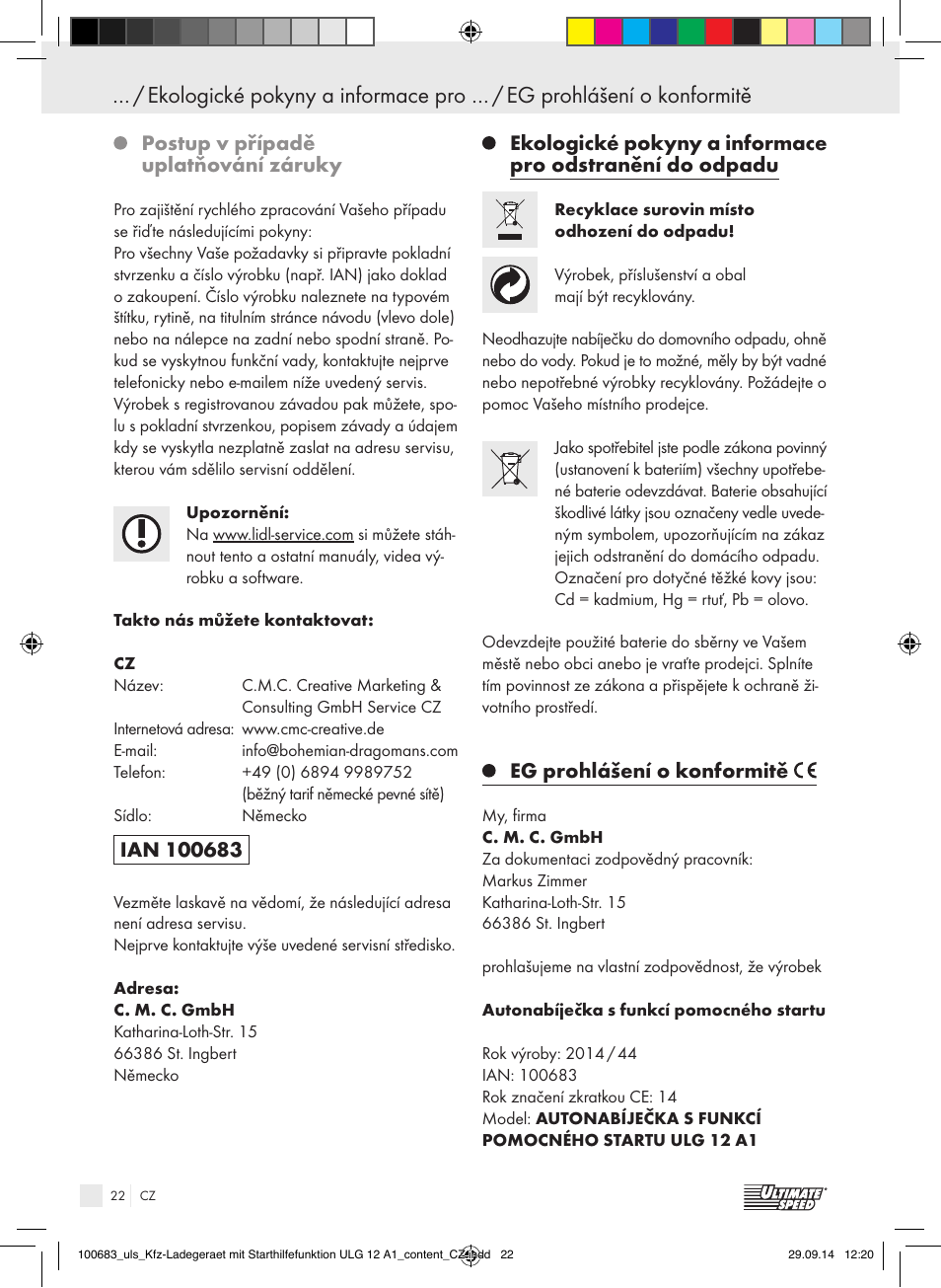 Postup v případě uplatňování záruky, Eg prohlášení o konformitě | Ultimate Speed ULG 12 A1 User Manual | Page 22 / 35