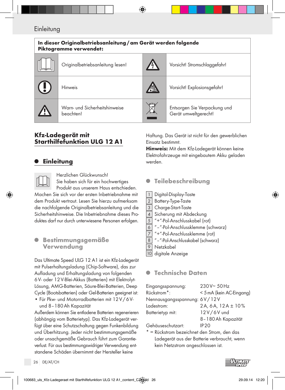 Einleitung / sicherheitshinweise einleitung, Bestimmungsgemäße verwendung, Teilebeschreibung | Technische daten | Ultimate Speed ULG 12 A1 User Manual | Page 26 / 35