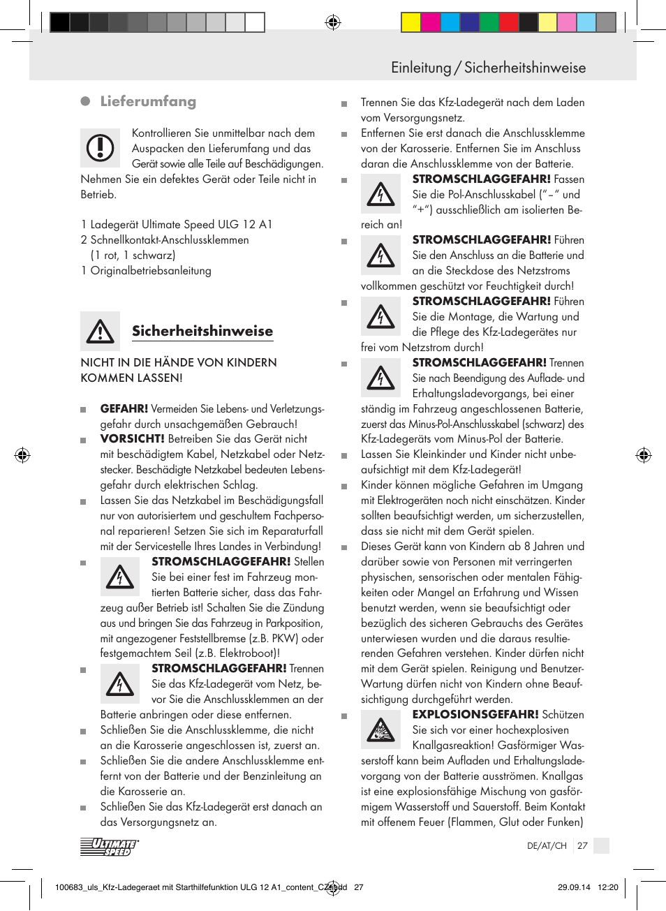 Einleitung / sicherheitshinweise, Einleitung, Lieferumfang | Sicherheitshinweise | Ultimate Speed ULG 12 A1 User Manual | Page 27 / 35