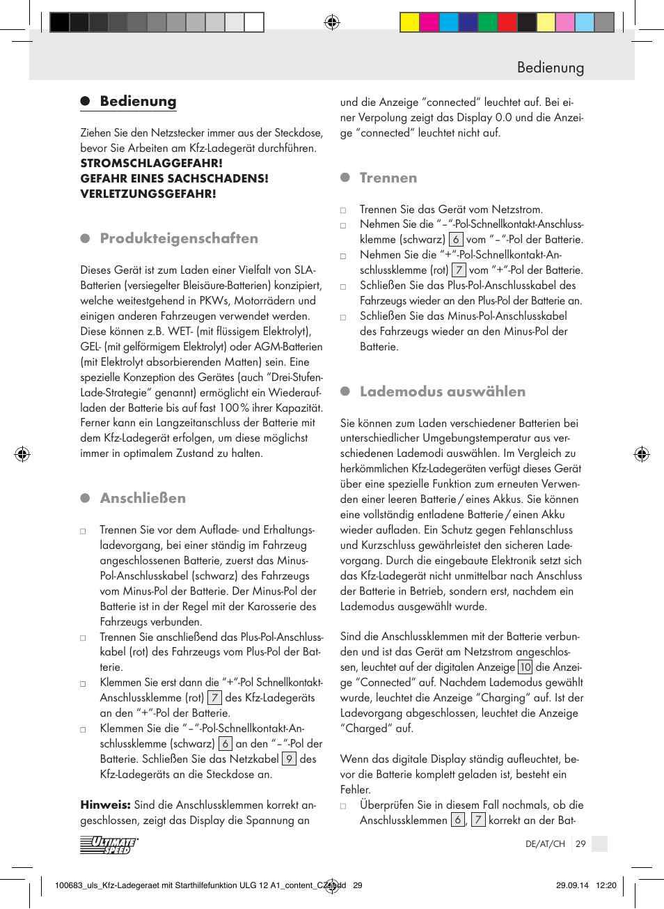 Bedienung sicherheitshinweise, Bedienung, Produkteigenschaften | Anschließen, Trennen, Lademodus auswählen | Ultimate Speed ULG 12 A1 User Manual | Page 29 / 35