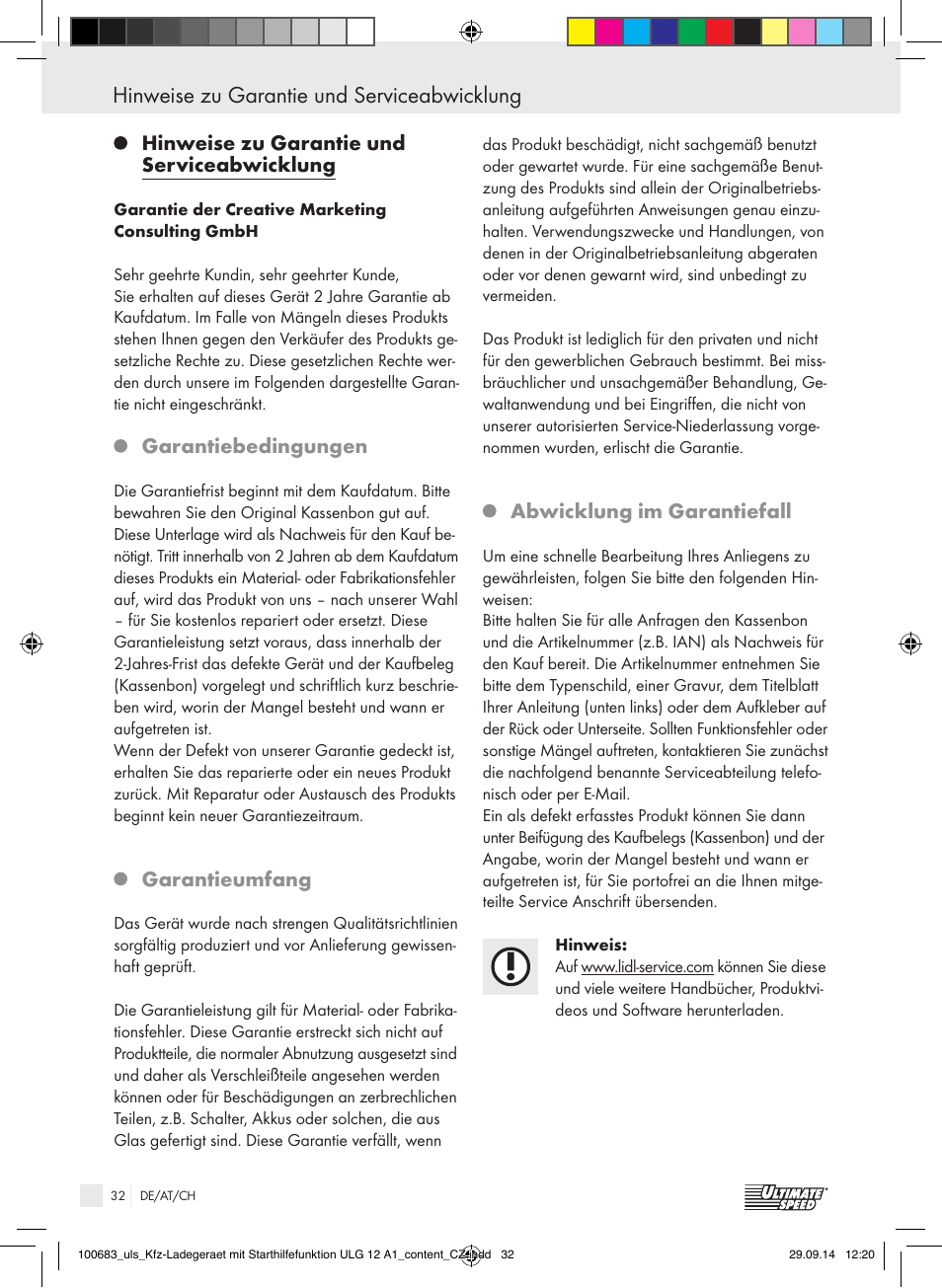 Hinweise zu garantie und serviceabwicklung, Garantiebedingungen, Garantieumfang | Abwicklung im garantiefall | Ultimate Speed ULG 12 A1 User Manual | Page 32 / 35