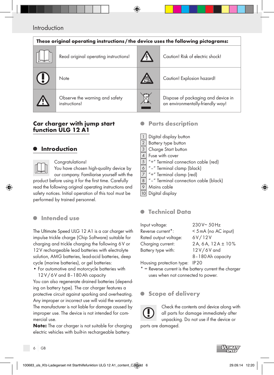 Introduction / safety notices introduction, Intended use, Parts description | Technical data, Scope of delivery | Ultimate Speed ULG 12 A1 User Manual | Page 6 / 35