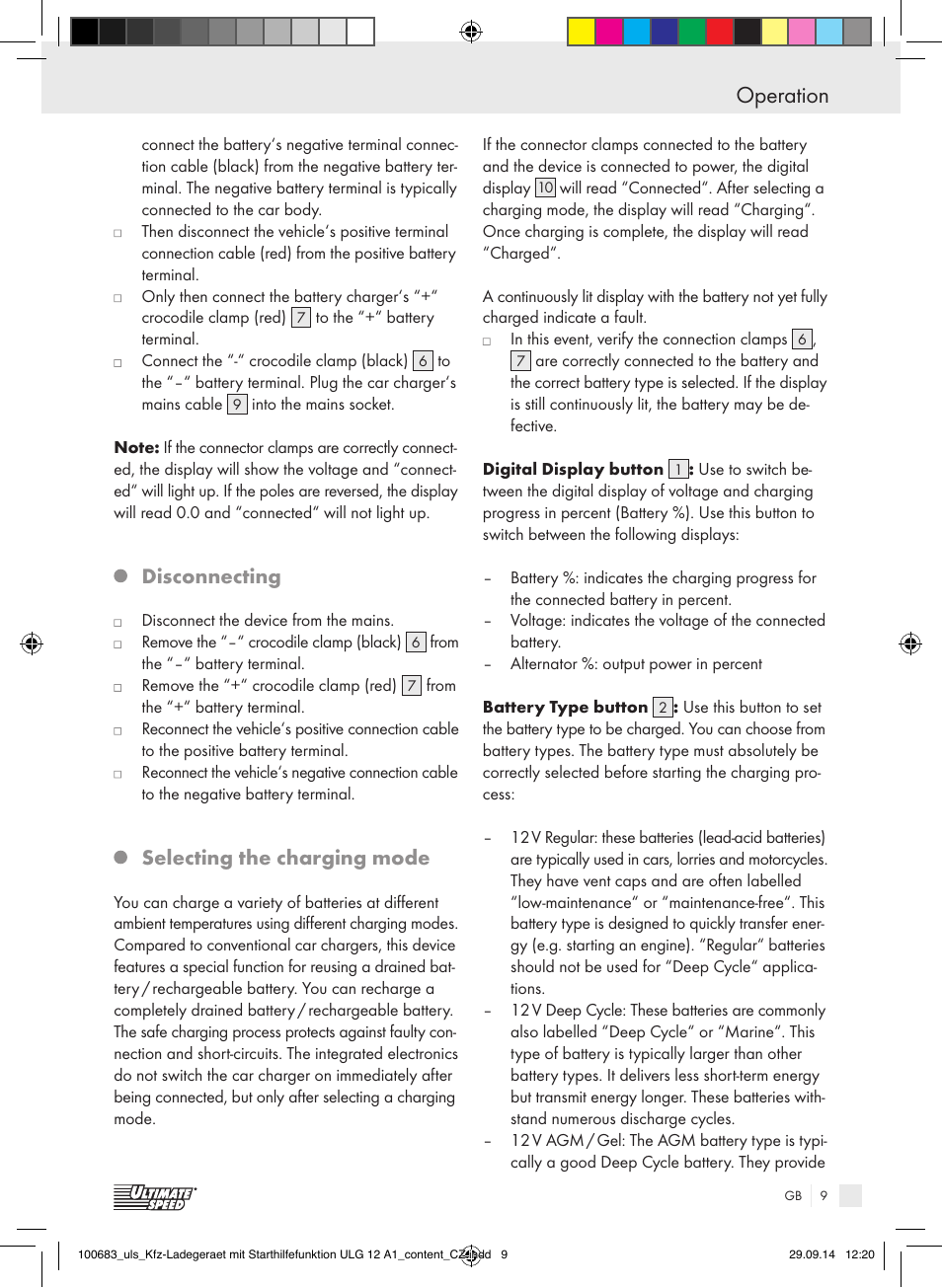 Operation, Safety notices / operation, Disconnecting | Selecting the charging mode | Ultimate Speed ULG 12 A1 User Manual | Page 9 / 35