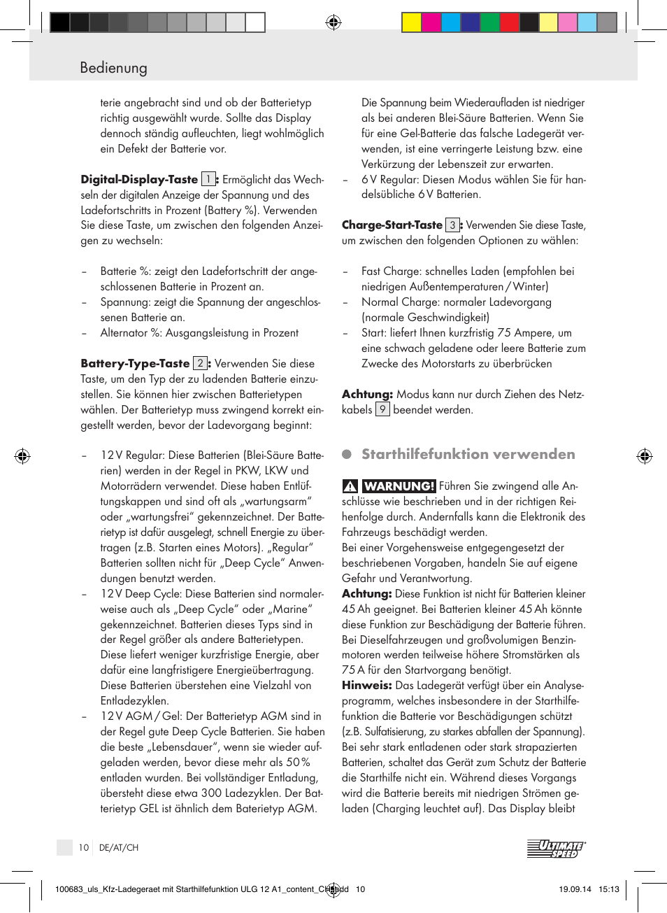 Bedienung bedienung / wartung und pflege, Starthilfefunktion verwenden | Ultimate Speed ULG 12 A1 User Manual | Page 10 / 44