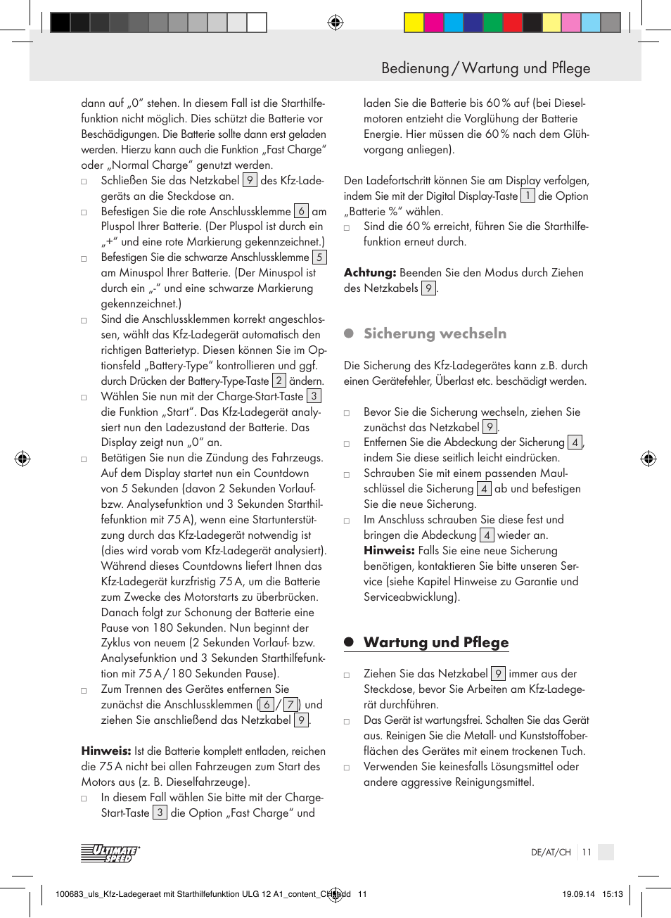 Bedienung bedienung / wartung und pflege, Sicherung wechseln, Wartung und pflege | Ultimate Speed ULG 12 A1 User Manual | Page 11 / 44