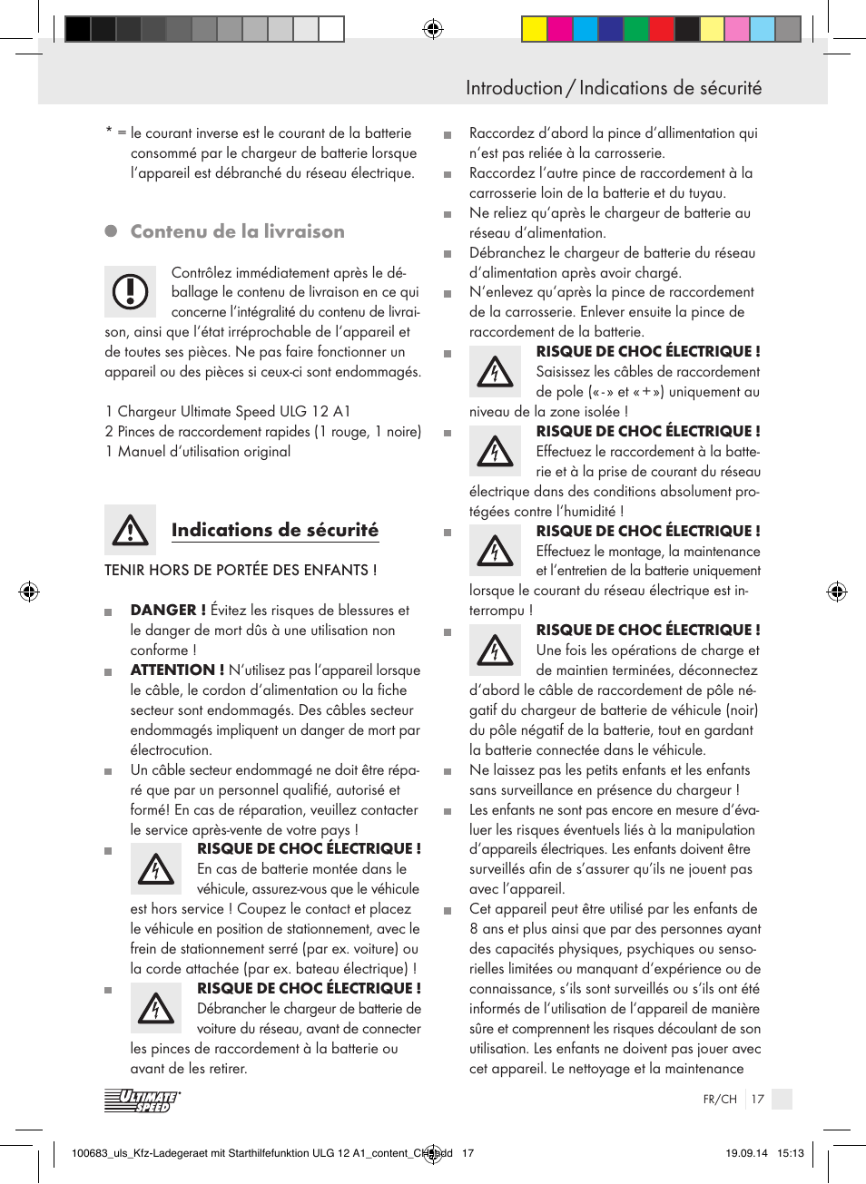 Introduction, Introduction / indications de sécurité, Contenu de la livraison | Indications de sécurité | Ultimate Speed ULG 12 A1 User Manual | Page 17 / 44