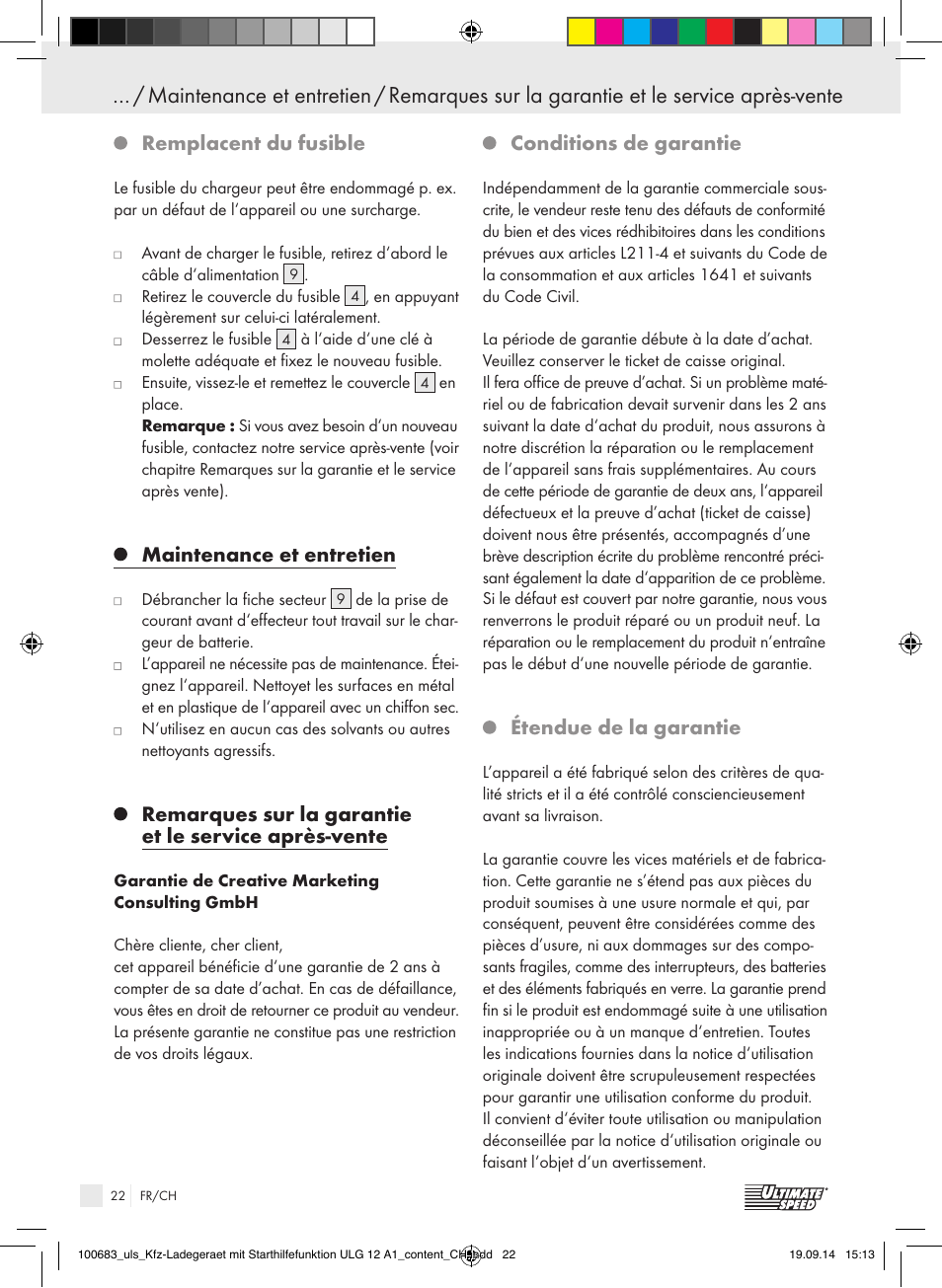 Remplacent du fusible, Maintenance et entretien, Conditions de garantie | Étendue de la garantie | Ultimate Speed ULG 12 A1 User Manual | Page 22 / 44