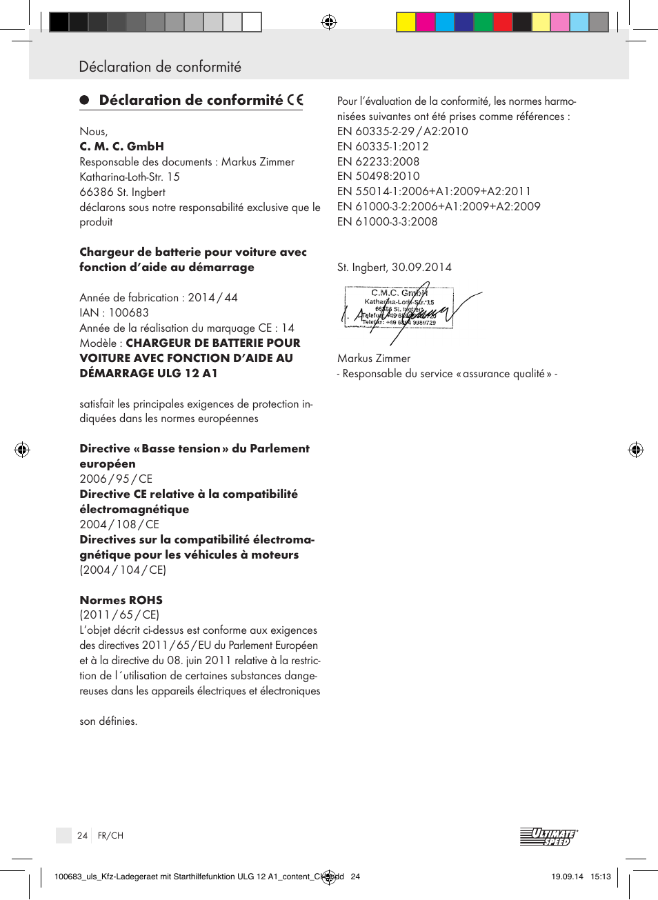 Déclaration de conformité, Indice | Ultimate Speed ULG 12 A1 User Manual | Page 24 / 44