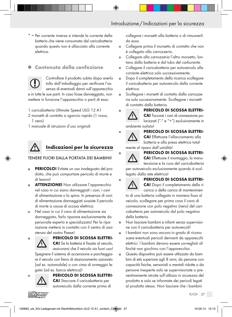 Contenuto della confezione, Indicazioni per la sicurezza | Ultimate Speed ULG 12 A1 User Manual | Page 27 / 44