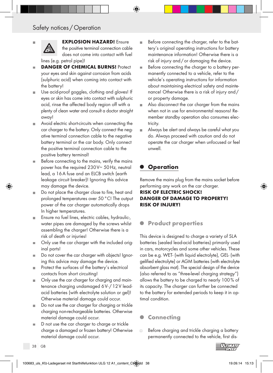 Safety notices / operation, Operation, Product properties | Connecting | Ultimate Speed ULG 12 A1 User Manual | Page 38 / 44