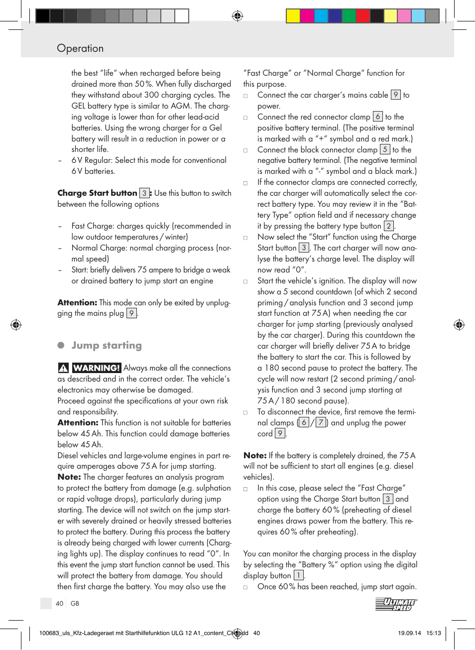 Jump starting | Ultimate Speed ULG 12 A1 User Manual | Page 40 / 44