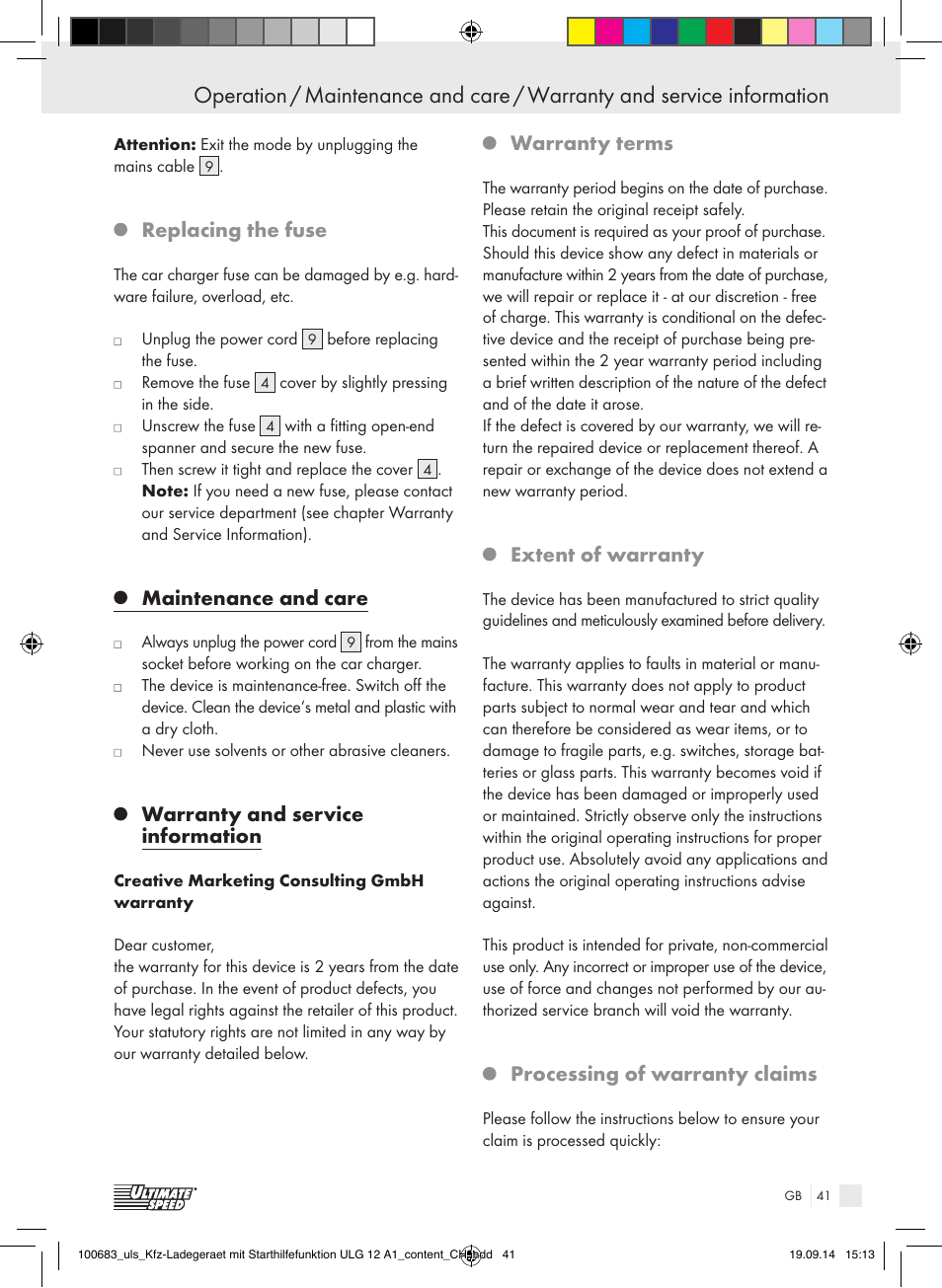 Replacing the fuse, Maintenance and care, Warranty and service information | Warranty terms, Extent of warranty, Processing of warranty claims | Ultimate Speed ULG 12 A1 User Manual | Page 41 / 44