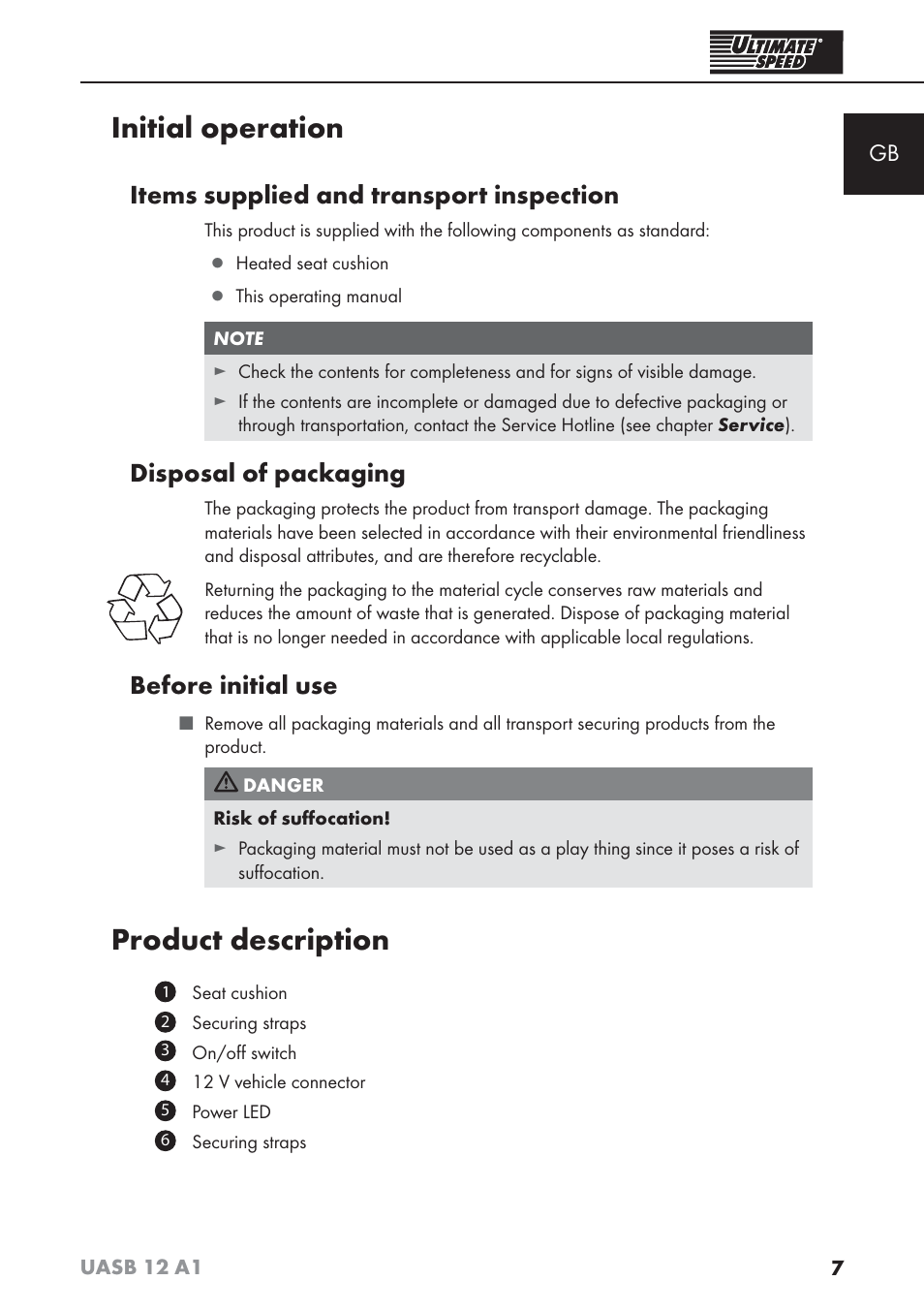 Initial operation, Product description, Items supplied and transport inspection | Disposal of packaging, Before initial use | Ultimate Speed UASB 12 A1 User Manual | Page 10 / 76