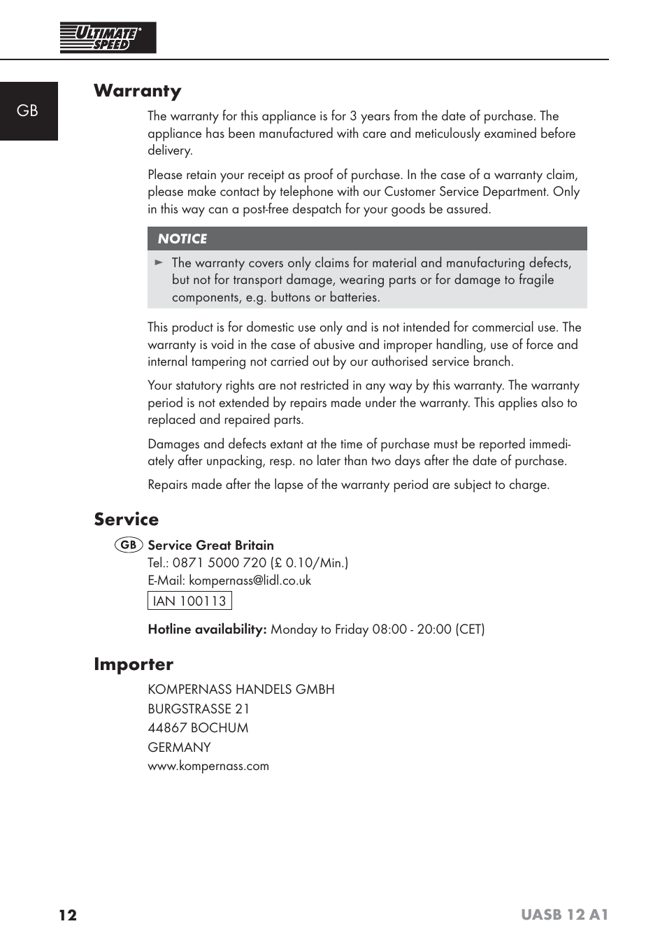 Warranty, Service, Importer | Ultimate Speed UASB 12 A1 User Manual | Page 15 / 76