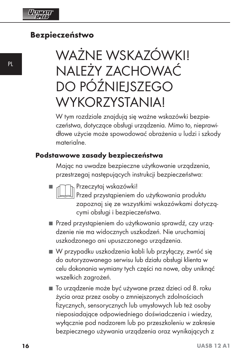 Bezpieczeństwo | Ultimate Speed UASB 12 A1 User Manual | Page 19 / 76
