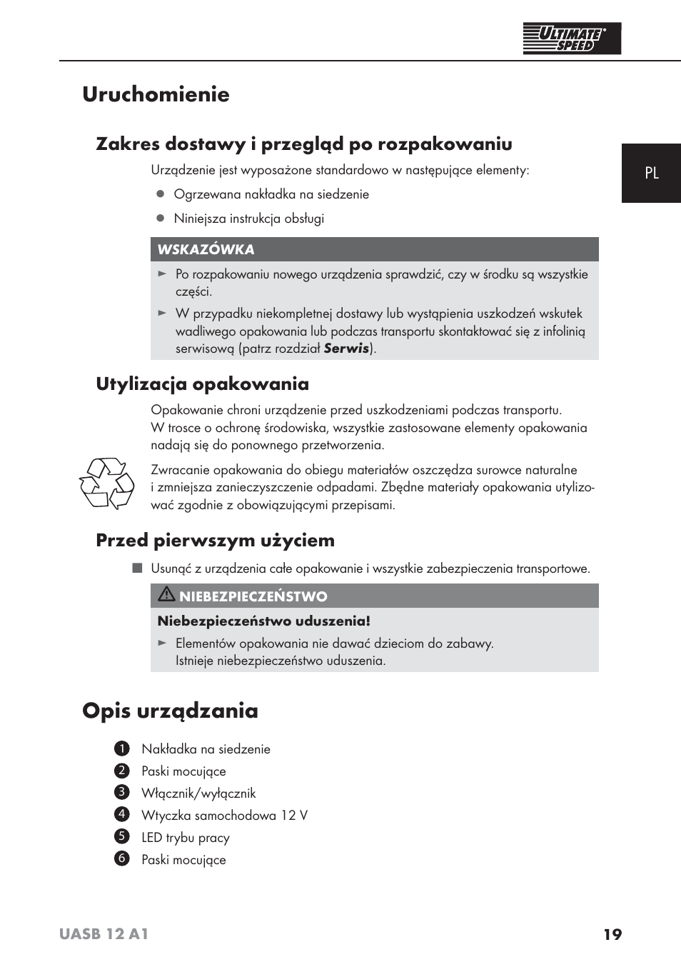 Uruchomienie, Opis urządzania, Zakres dostawy i przegląd po rozpakowaniu | Utylizacja opakowania, Przed pierwszym użyciem | Ultimate Speed UASB 12 A1 User Manual | Page 22 / 76