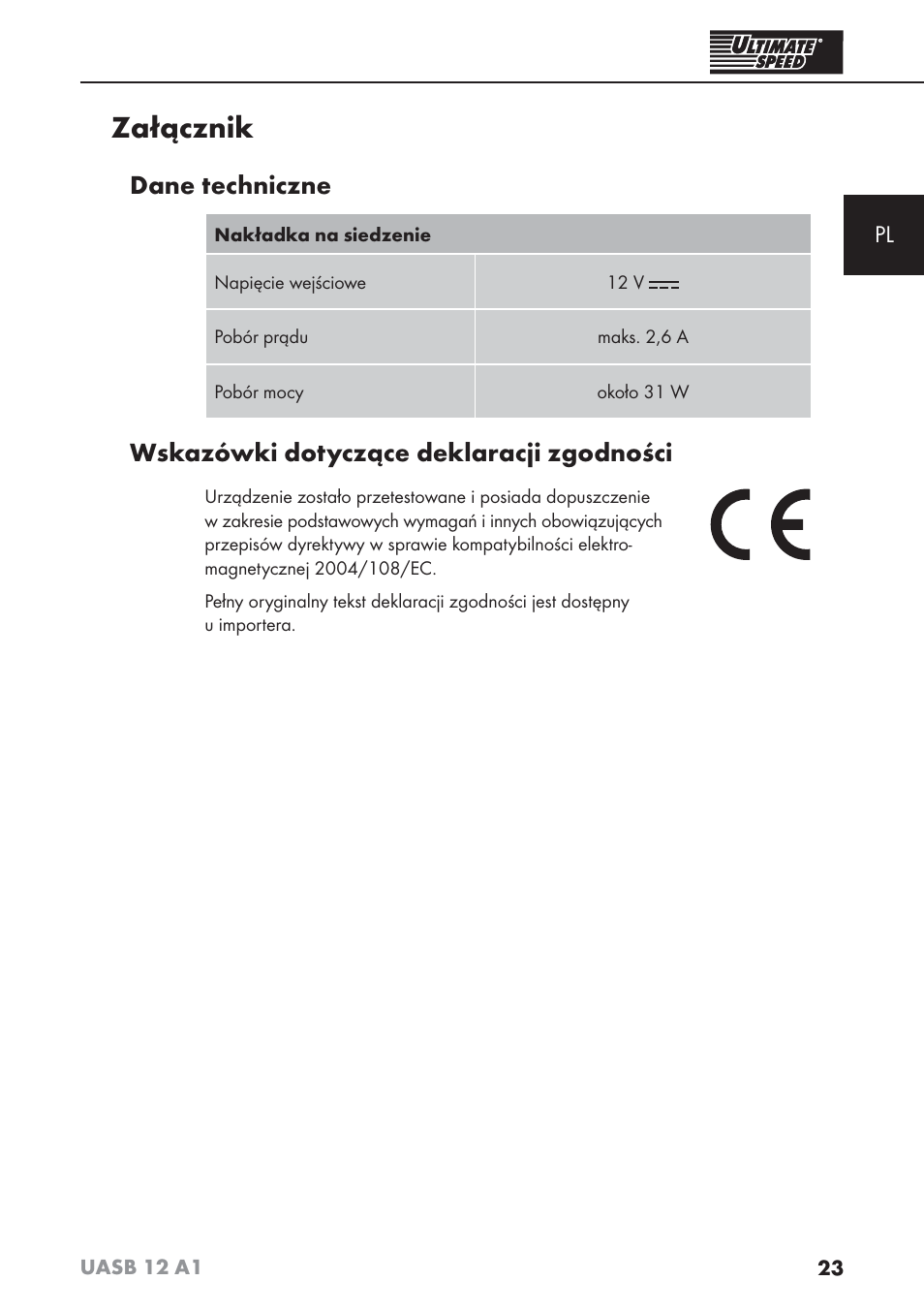 Załącznik, Dane techniczne, Wskazówki dotyczące deklaracji zgodności | Ultimate Speed UASB 12 A1 User Manual | Page 26 / 76