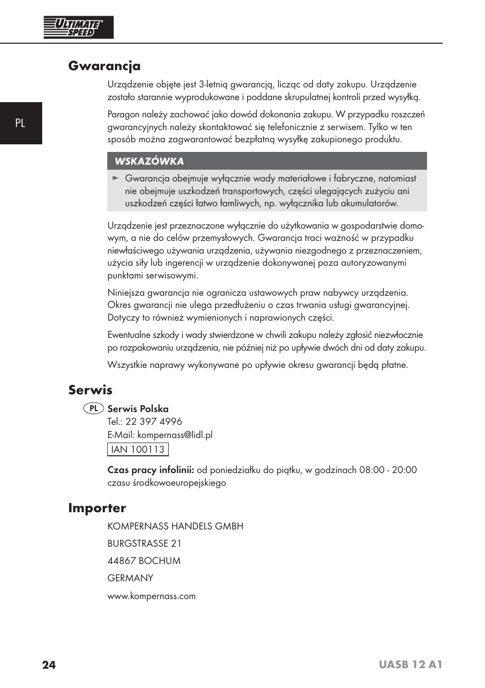 Gwarancja, Serwis, Importer | Ultimate Speed UASB 12 A1 User Manual | Page 27 / 76