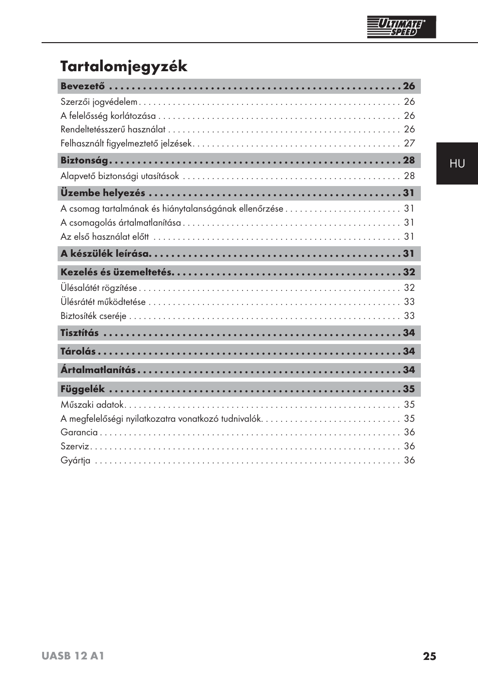 Tartalomjegyzék | Ultimate Speed UASB 12 A1 User Manual | Page 28 / 76