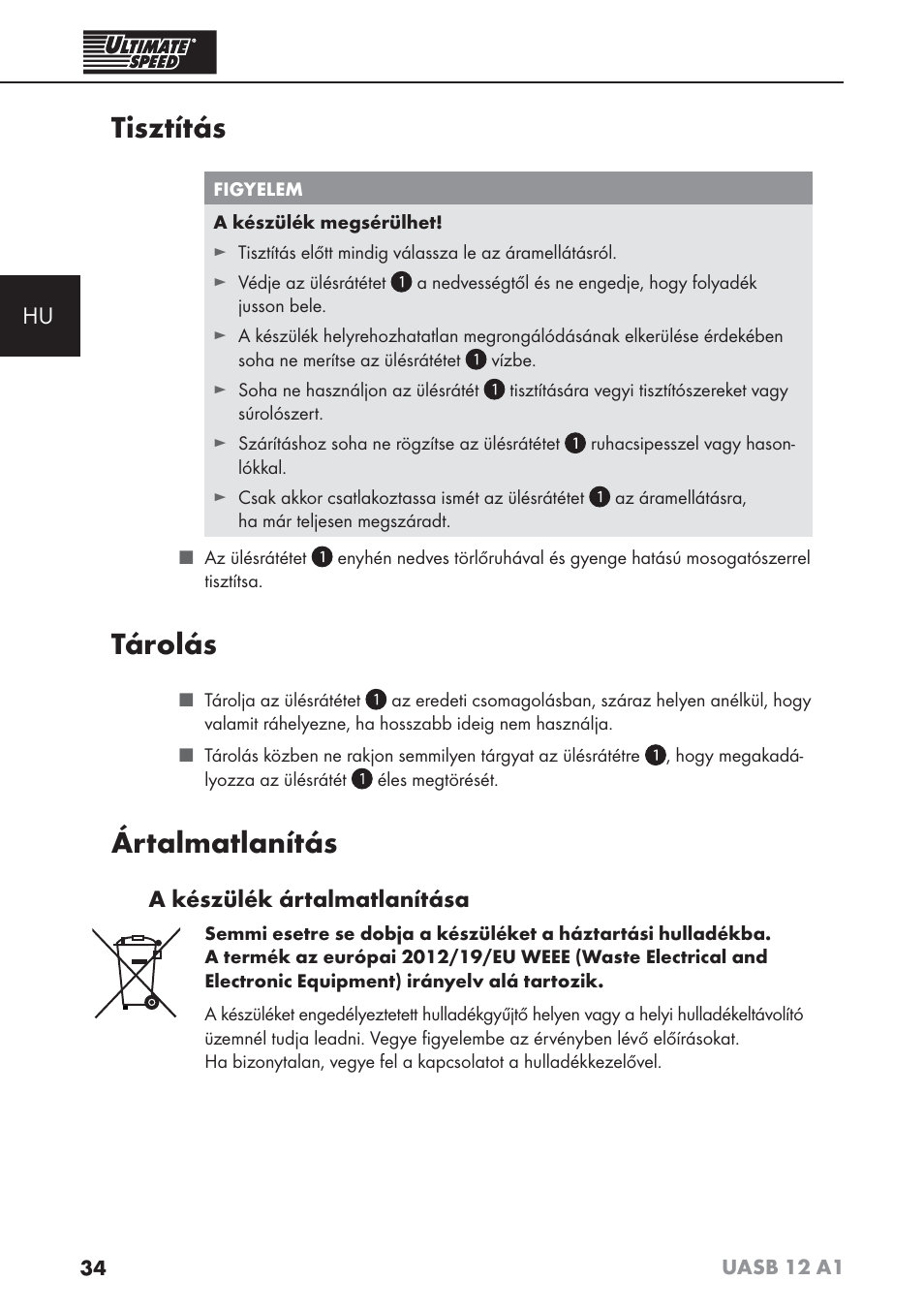 Tisztítás, Tárolás, Ártalmatlanítás | Ultimate Speed UASB 12 A1 User Manual | Page 37 / 76