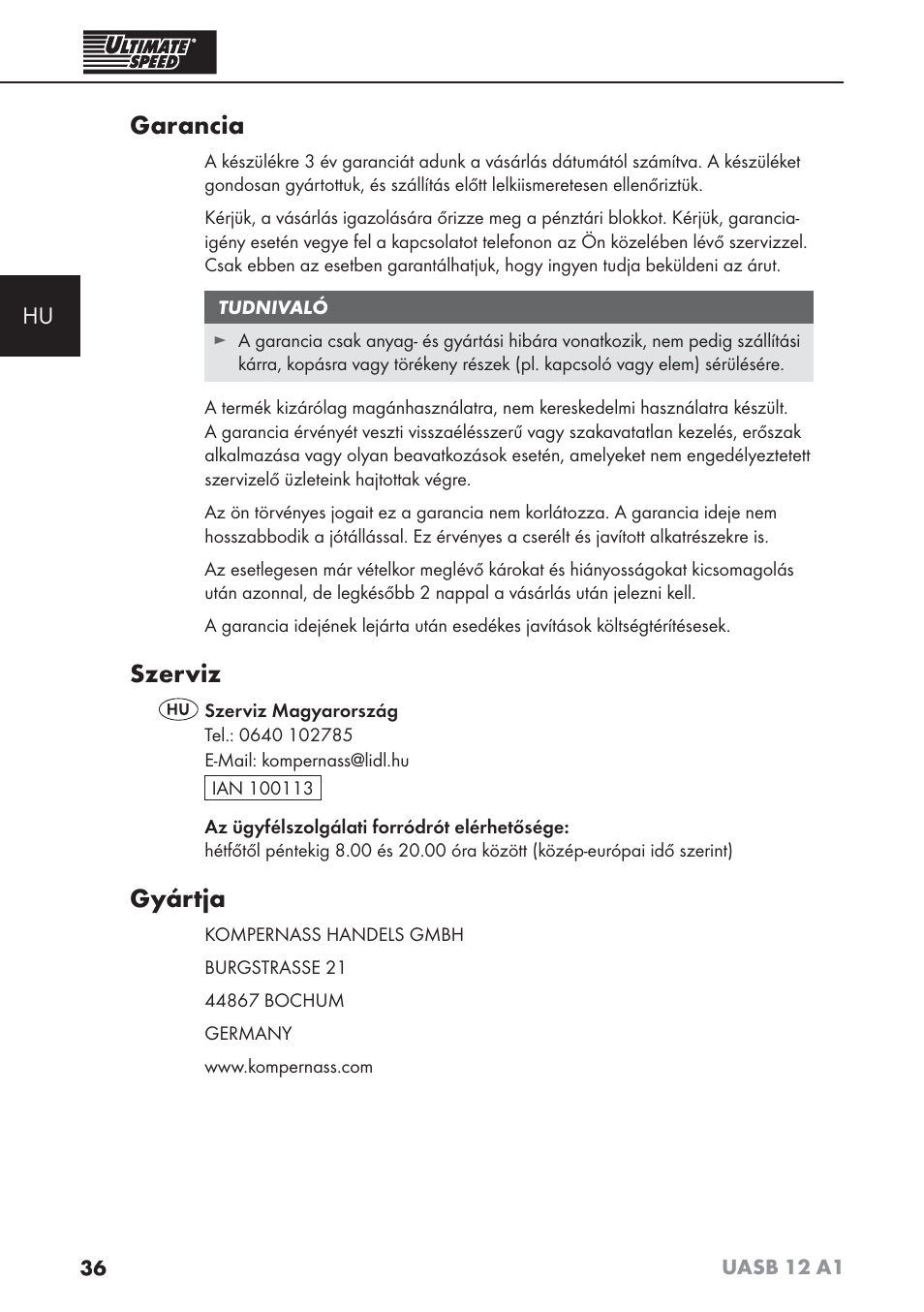 Garancia, Szerviz, Gyártja | Ultimate Speed UASB 12 A1 User Manual | Page 39 / 76