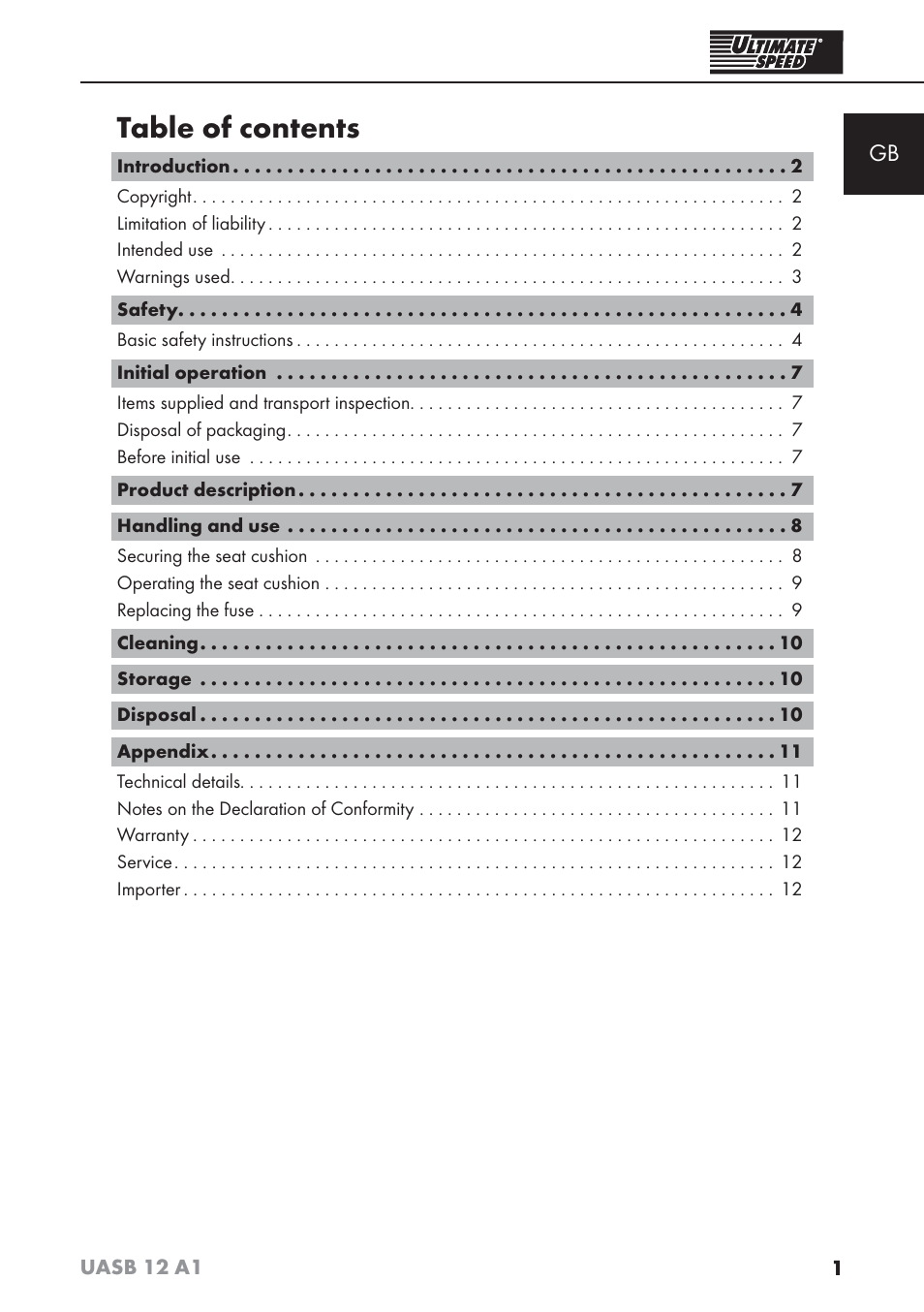 Ultimate Speed UASB 12 A1 User Manual | Page 4 / 76