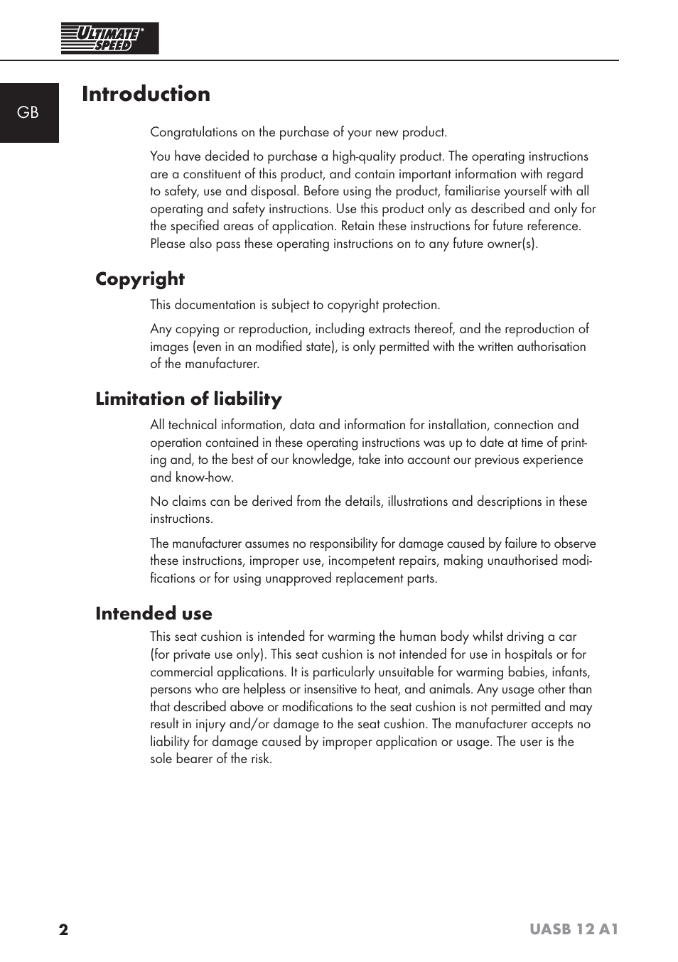 Introduction, Copyright, Limitation of liability | Intended use | Ultimate Speed UASB 12 A1 User Manual | Page 5 / 76