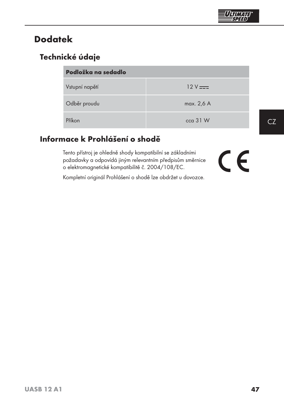 Dodatek, Technické údaje, Informace k prohlášení o shodě | Ultimate Speed UASB 12 A1 User Manual | Page 50 / 76