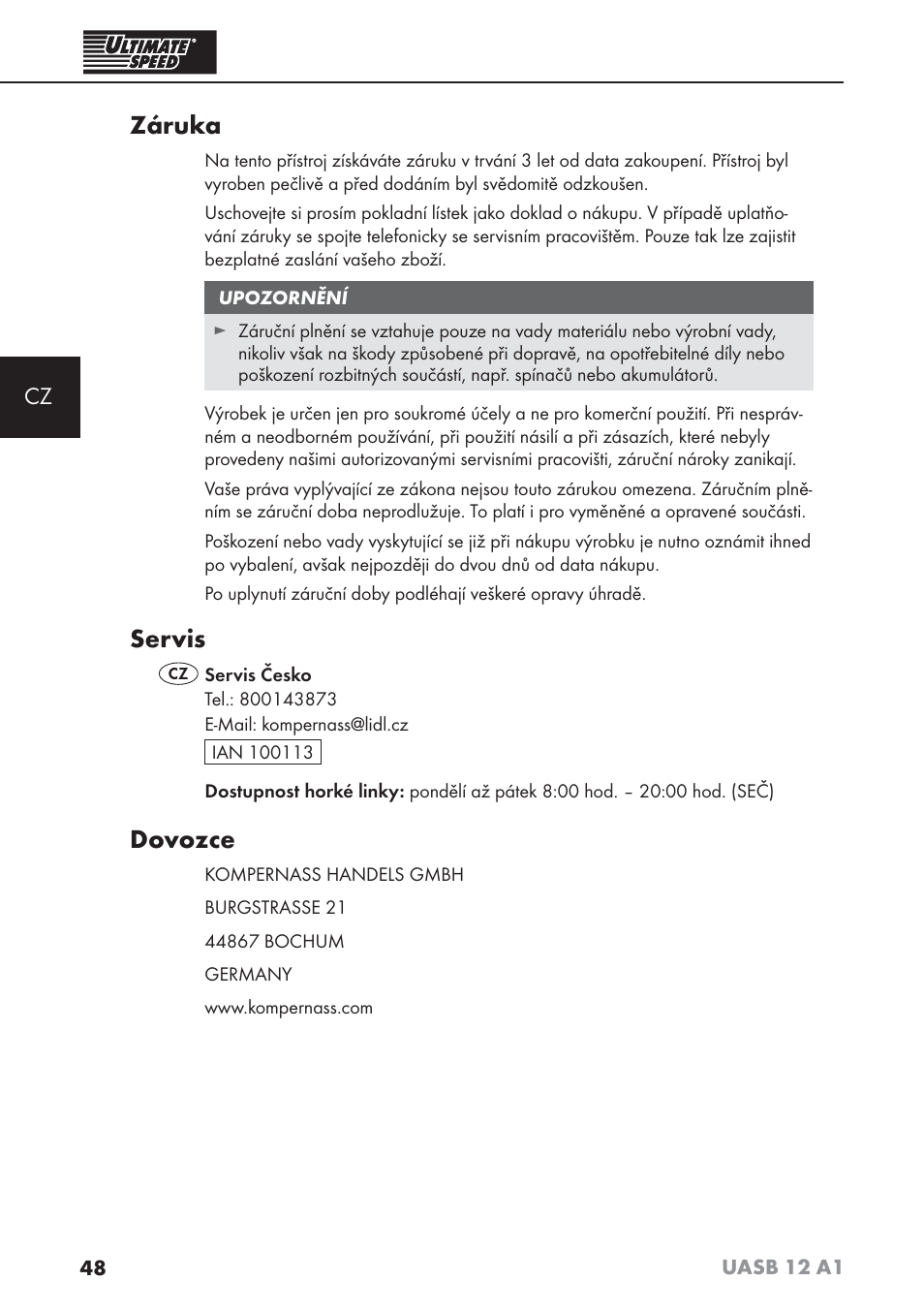 Záruka, Servis, Dovozce | Ultimate Speed UASB 12 A1 User Manual | Page 51 / 76