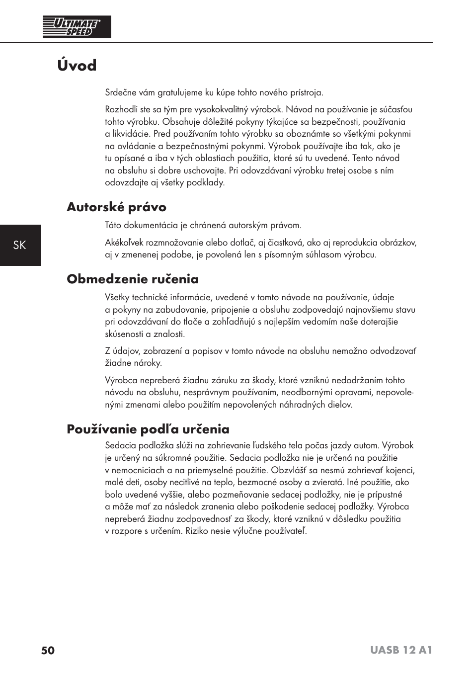 Úvod, Autorské právo, Obmedzenie ručenia | Používanie podľa určenia | Ultimate Speed UASB 12 A1 User Manual | Page 53 / 76